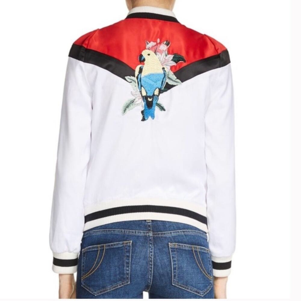 Maje Betty Satin Embroidered Parrot Floral Red/White Satin Bomber Jacket